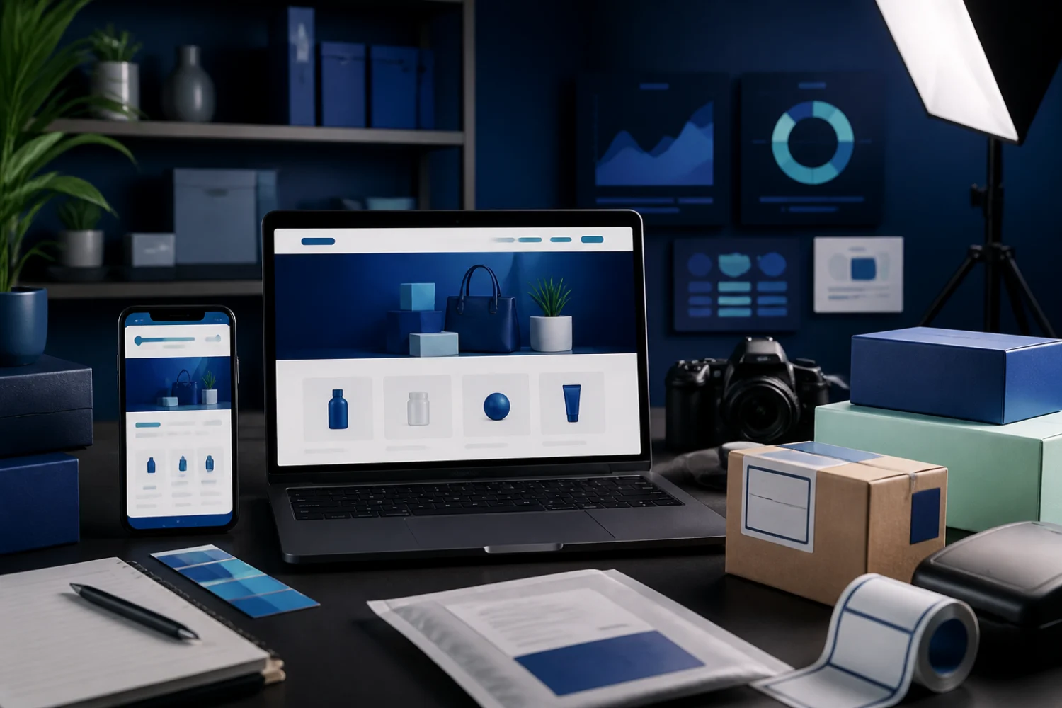 eCommerce website planning with products, packaging and a mobile shopping interface — supporting view
