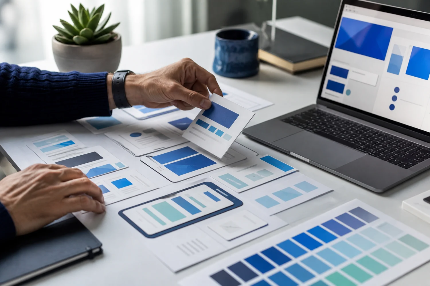 Designer reviewing responsive website layouts for a Patna business — supporting view