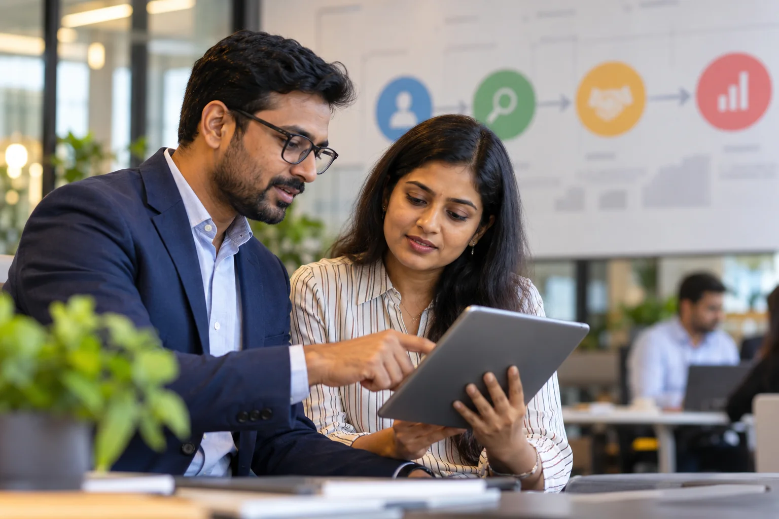 Sales manager and colleague reviewing a lead journey on a tablet