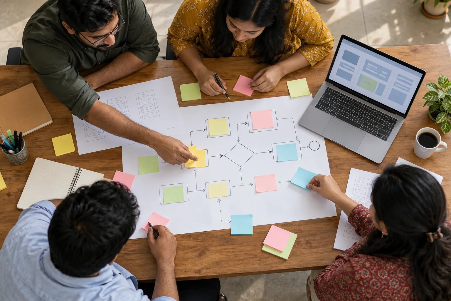 Overhead view of a team mapping software workflows with notes and a laptop