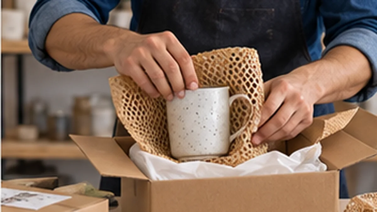 Small business owner carefully packing an online order in a workshop
