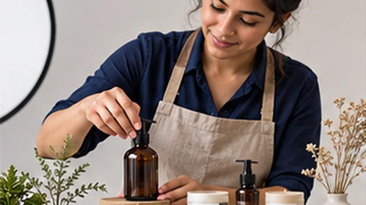 Small business owner arranging skincare products for a catalogue photo shoot