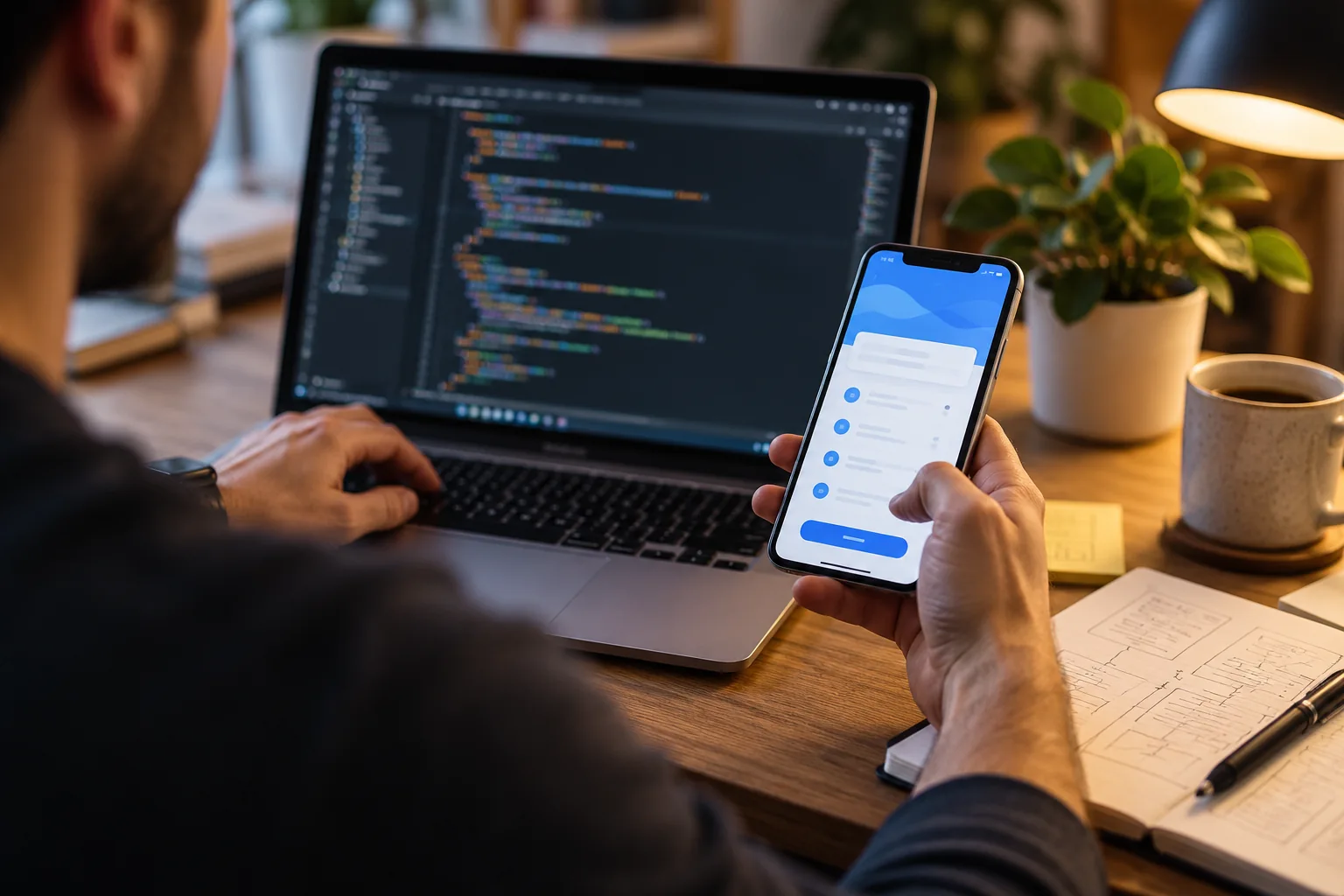 Developer testing a mobile application on a phone beside a code workstation