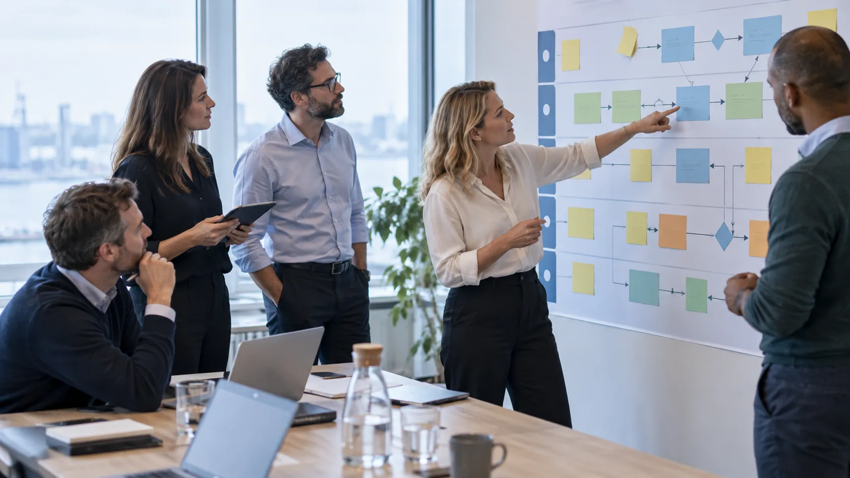 Stakeholders reviewing a process map during an enterprise software workshop