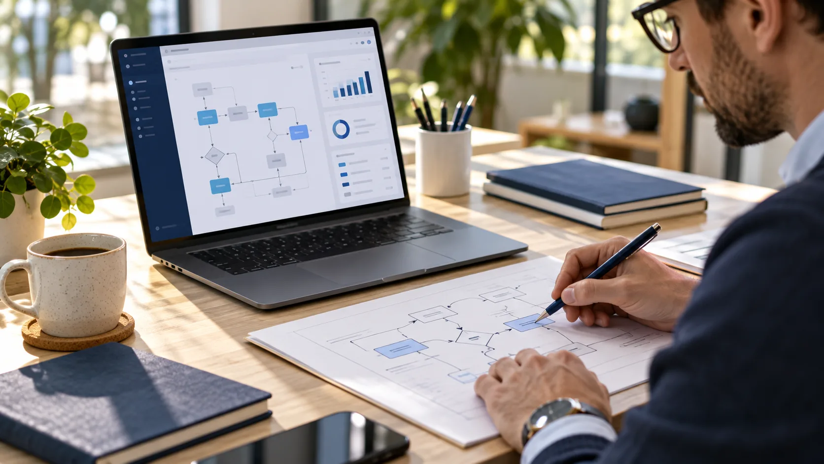 Technology architect reviewing a process sketch and business software screen