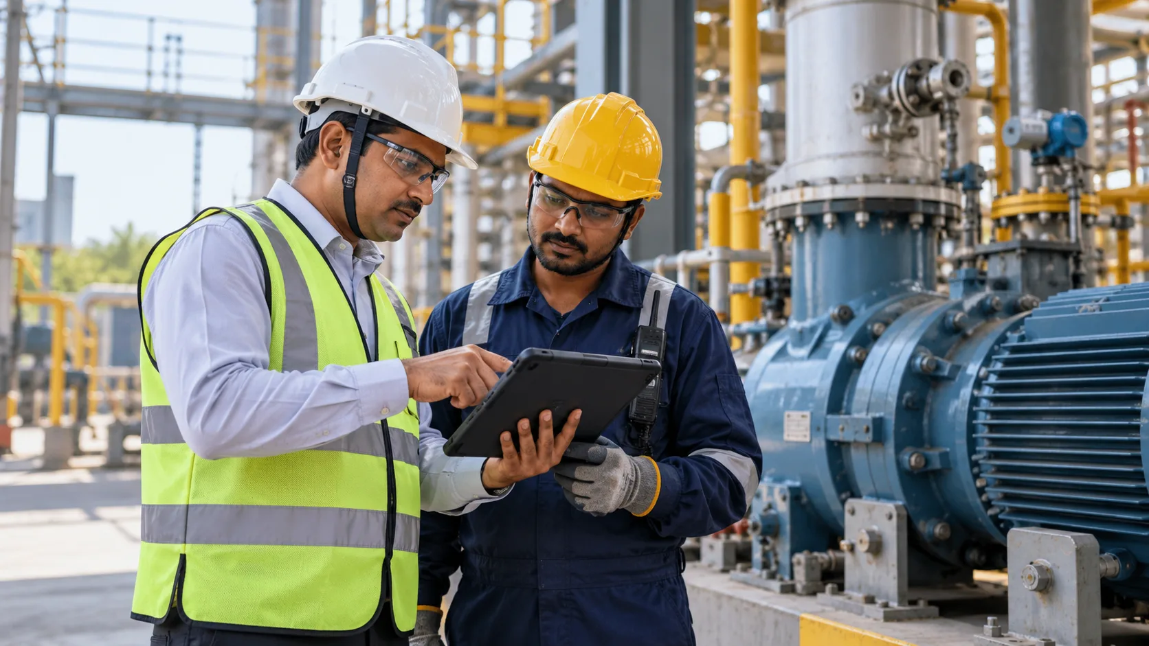 Maintenance supervisor and technician discussing a digital work order