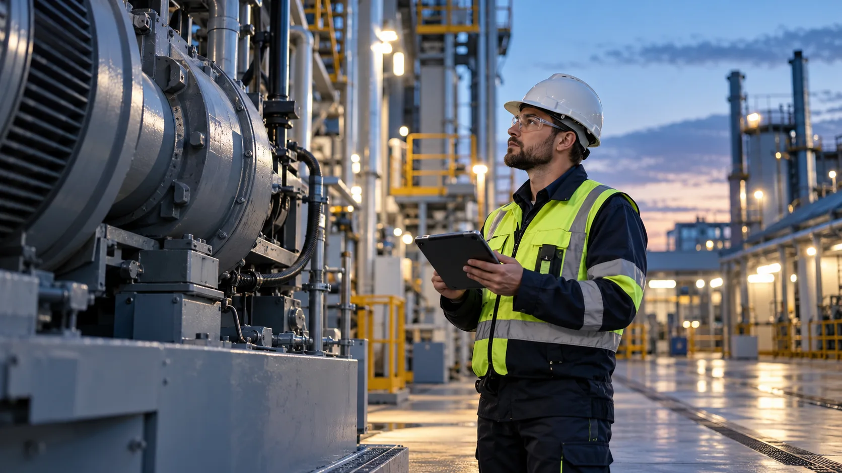 Service engineer using a tablet while inspecting industrial equipment
