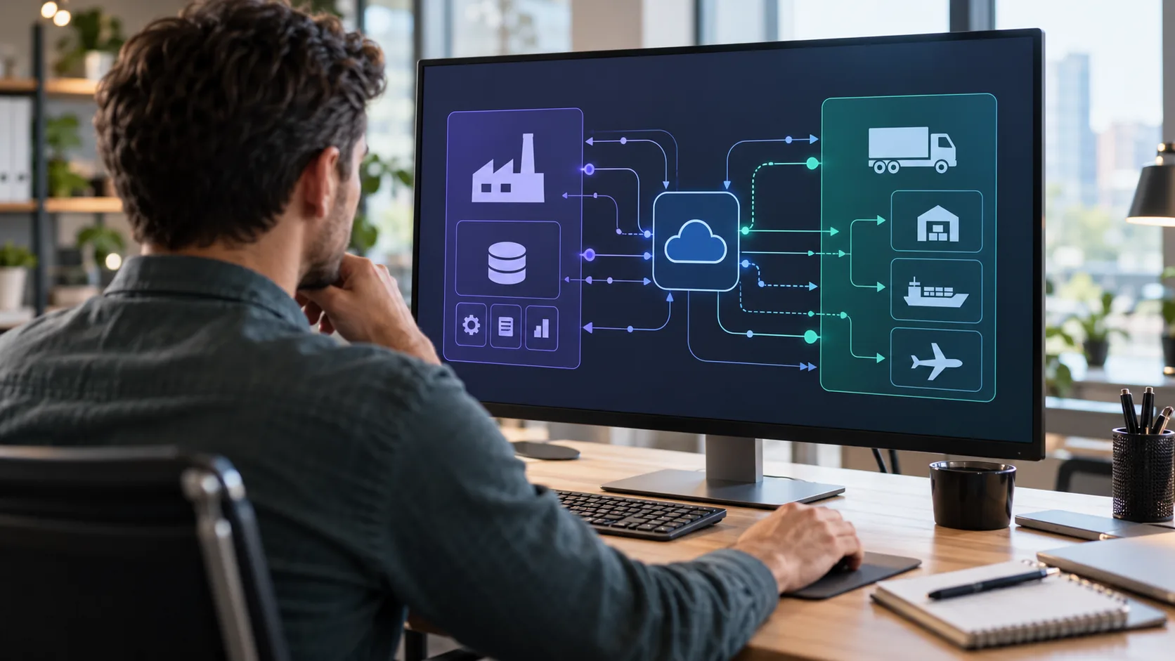 Developer reviewing an enterprise API connection diagram at a workstation