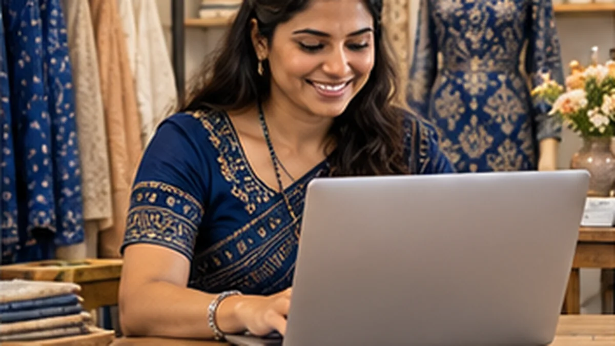 Boutique owner reviewing her online storefront on a laptop inside the shop
