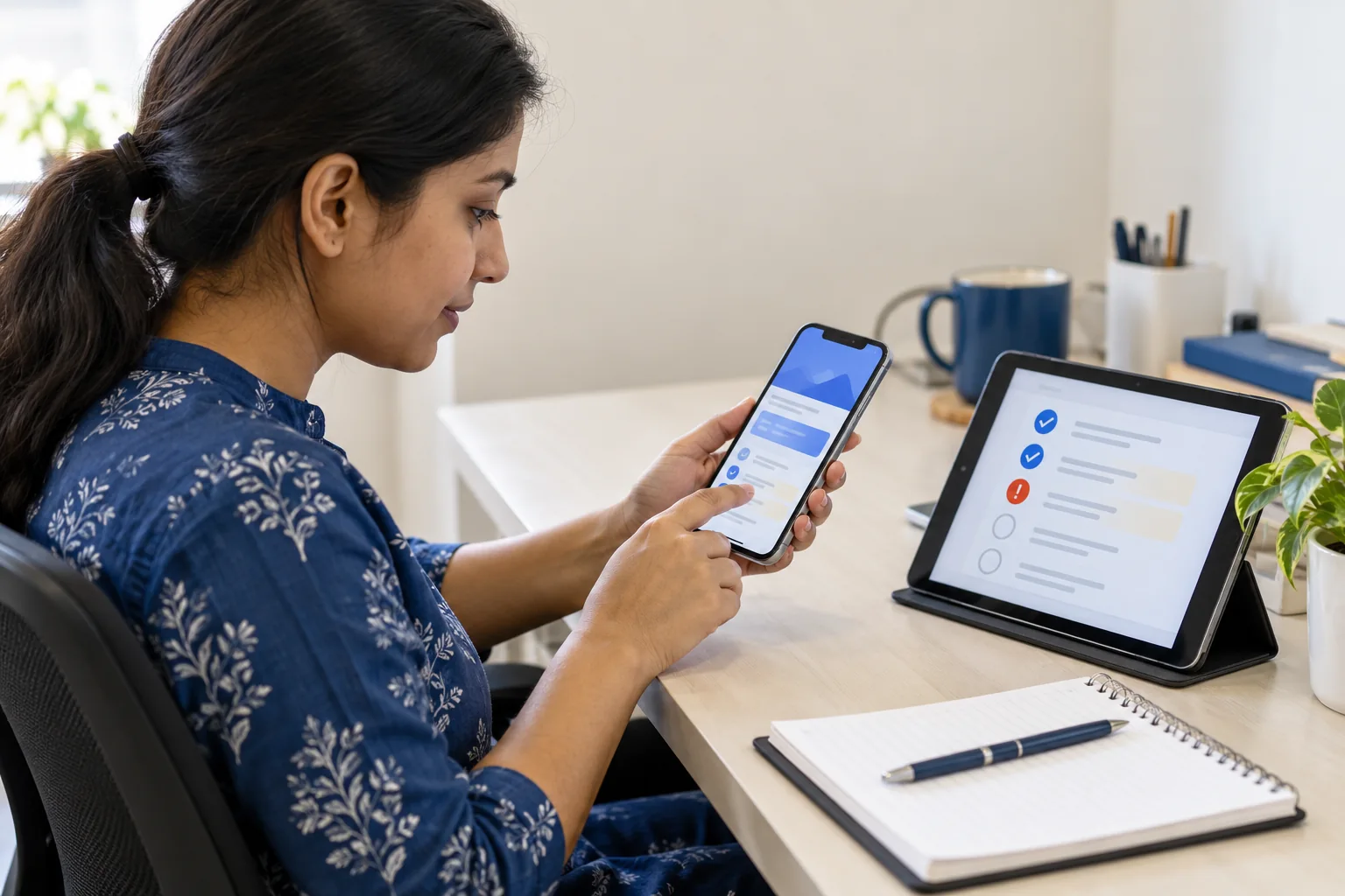 Quality assurance professional testing a mobile app beside a tablet checklist