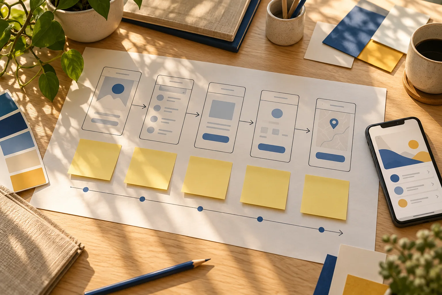 Paper mobile app user-journey storyboard and phone prototype on a desk