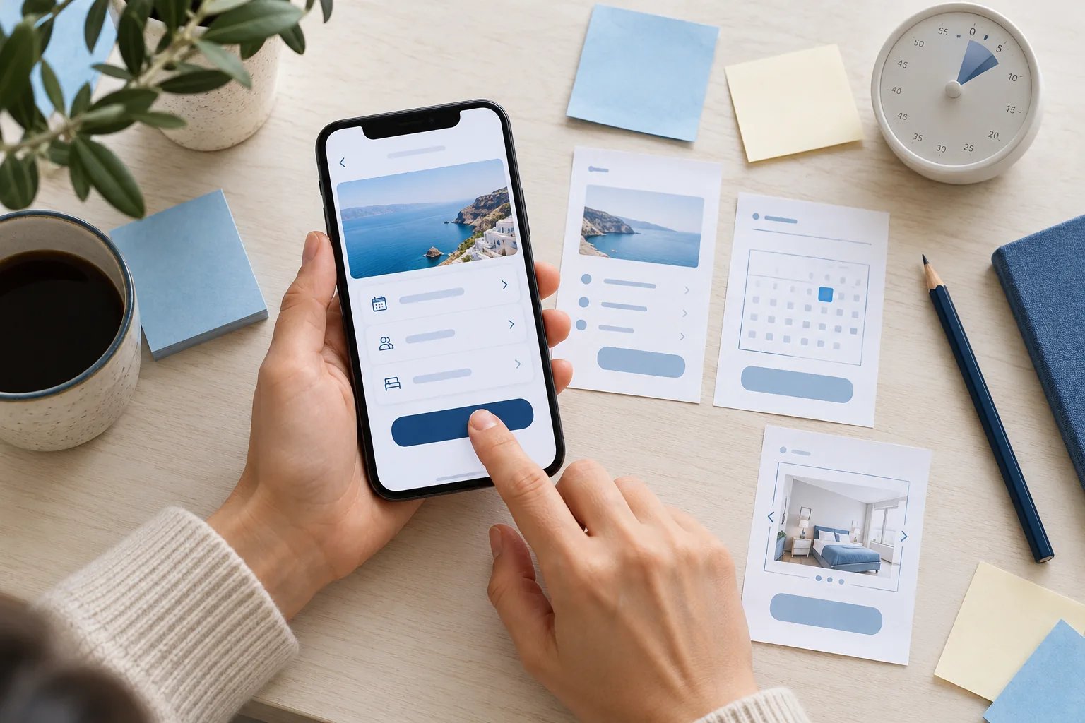 Hands testing a mobile booking flow with paper interface cards