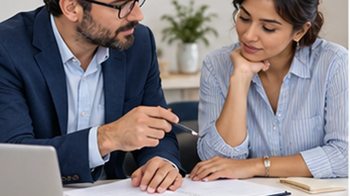 A business owner and consultant reviewing website project scope and budget at a desk