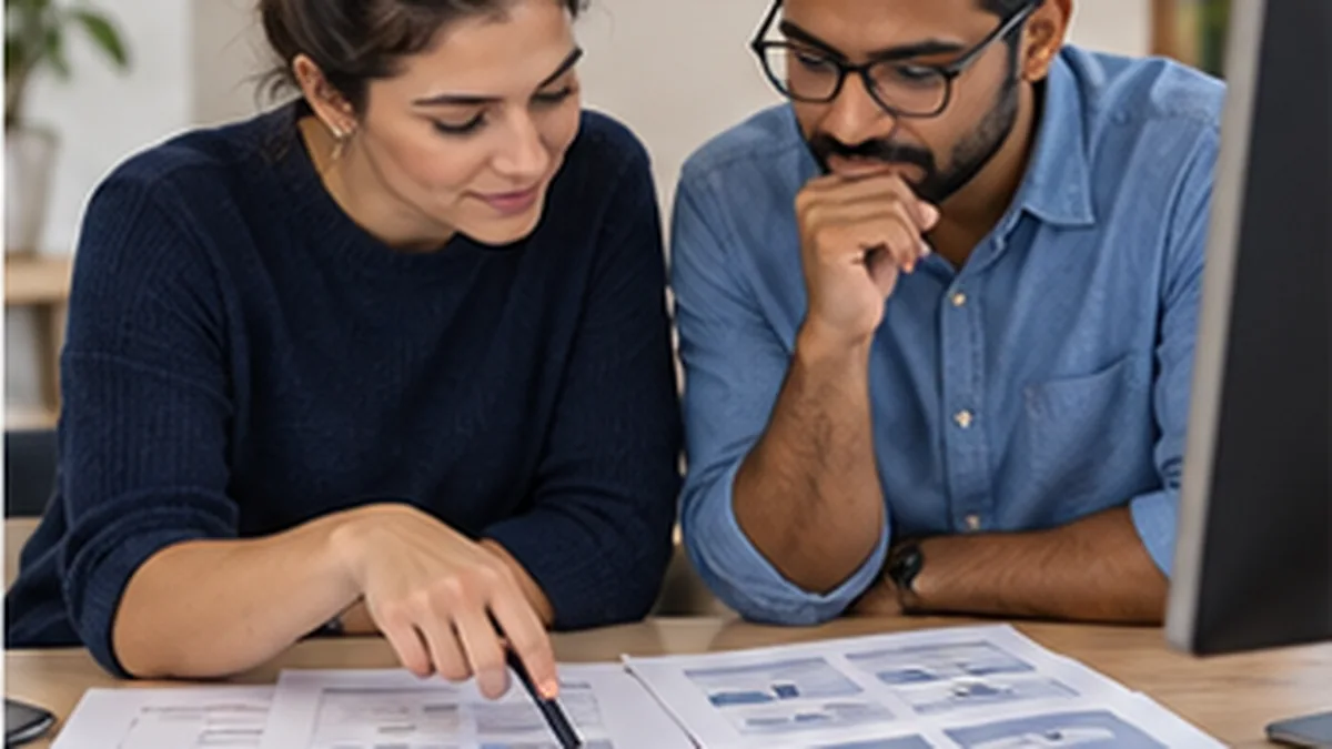 A web designer and developer reviewing printed website wireframes together