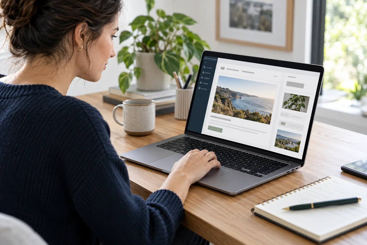 Content editor updating a generic website CMS from a laptop in a calm workspace