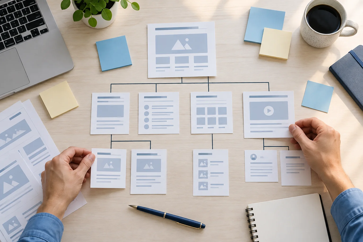 Website page wireframes and a simple sitemap being organised on a desk