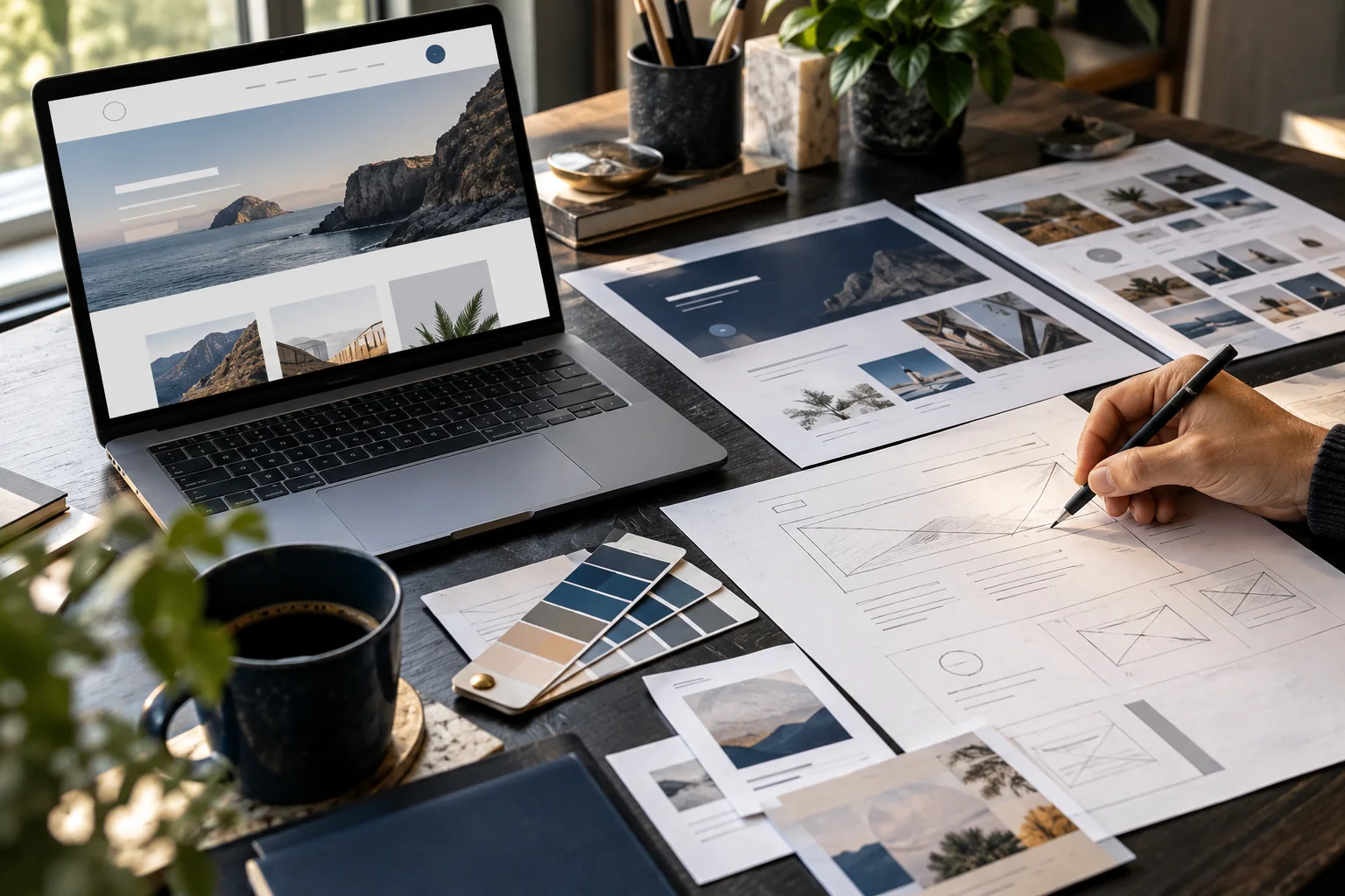 Designer comparing a website layout on a laptop with color and layout samples