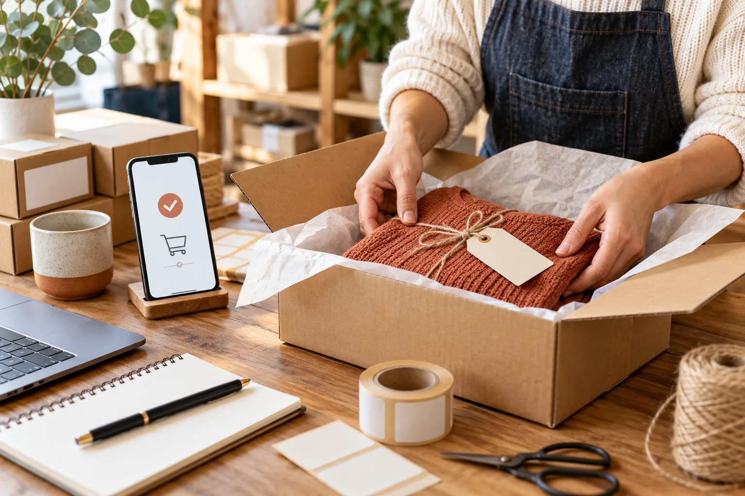 Carefully packed parcel beside a phone showing a generic online checkout confirmation