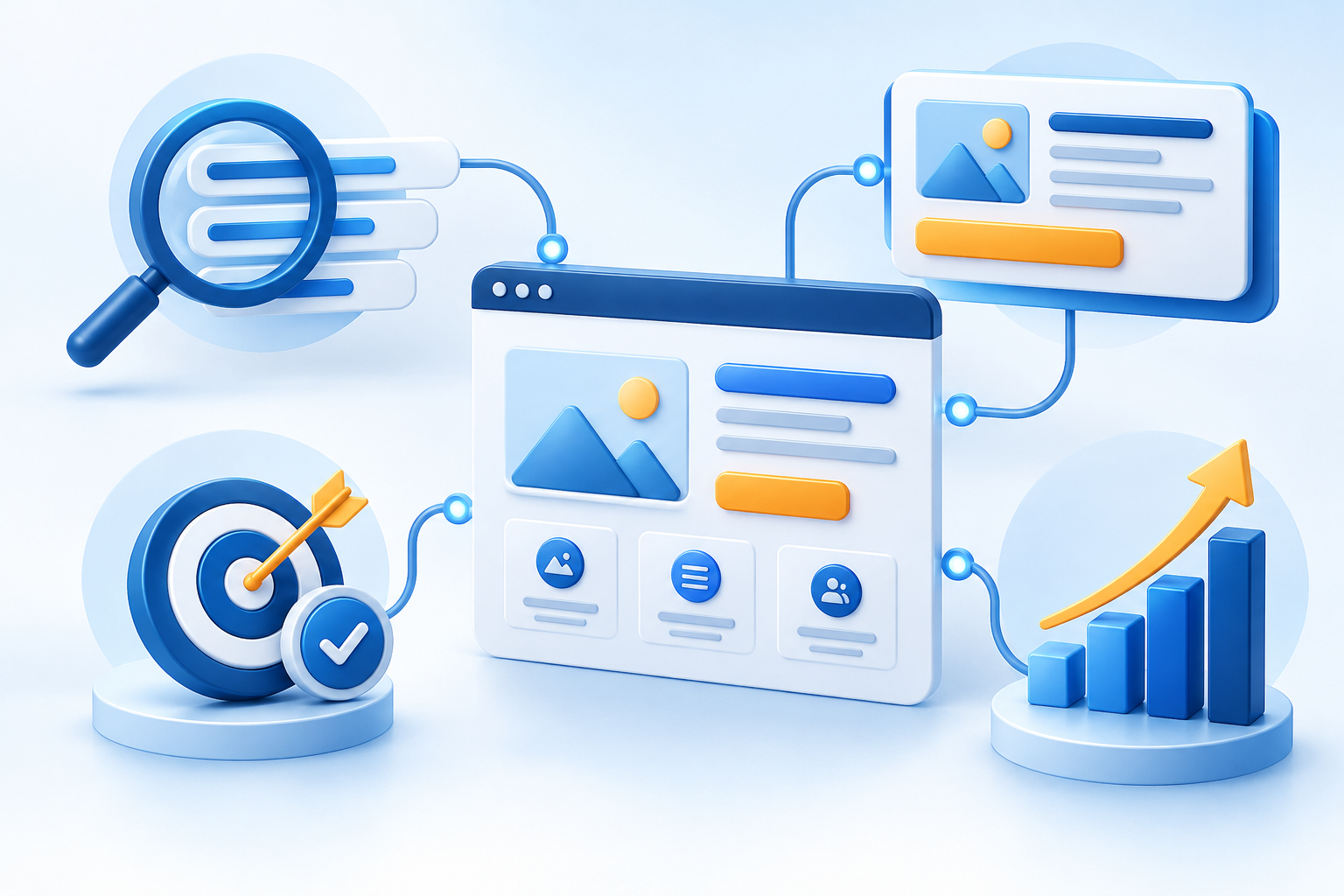 Illustration showing search targeting, PPC ads, a landing page, conversion goal and performance chart