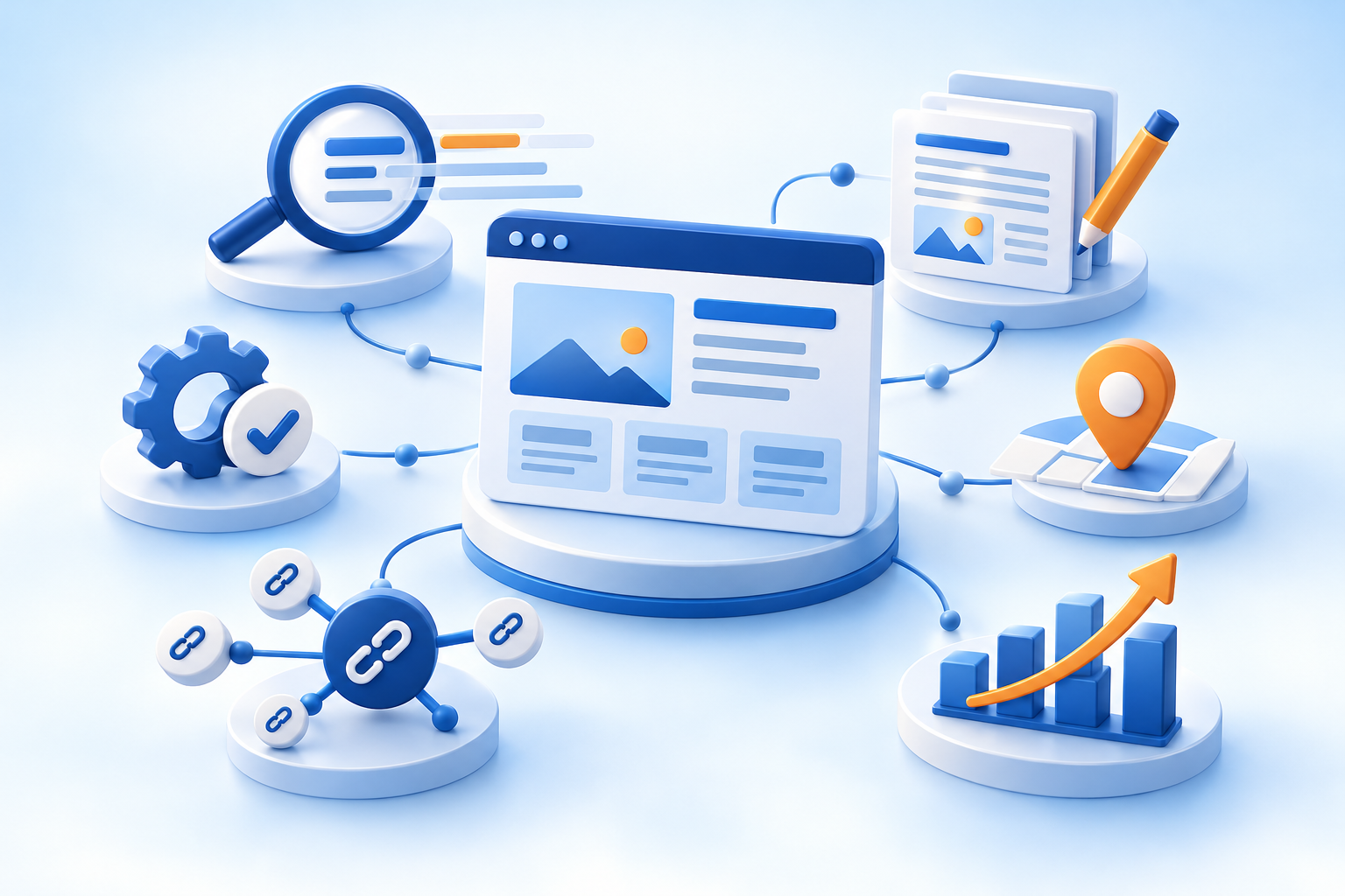Original illustration connecting website optimisation, technical checks, content, local search, trusted links and performance insights