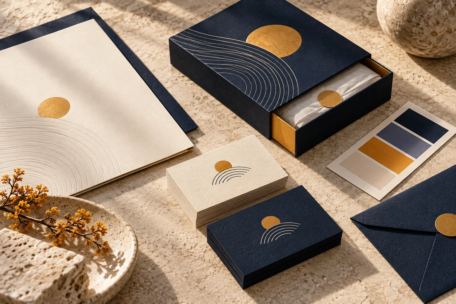 Illustrative premium brand identity mockup with stationery, packaging and colour studies