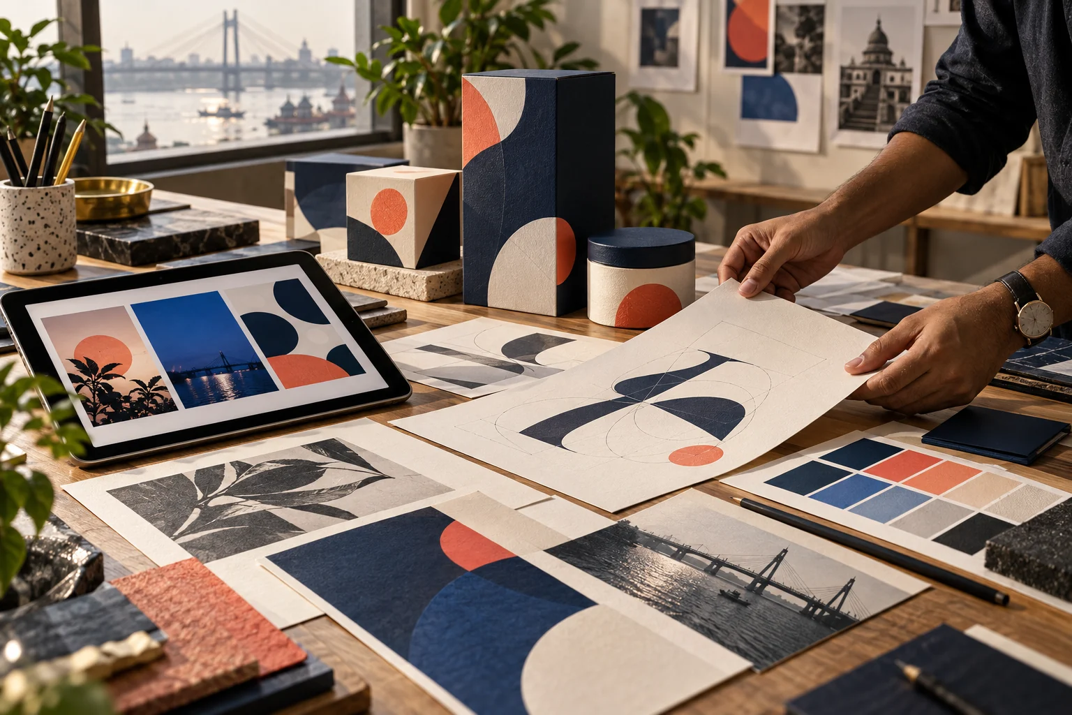 Illustrative brand design workspace with packaging, print samples and a tablet