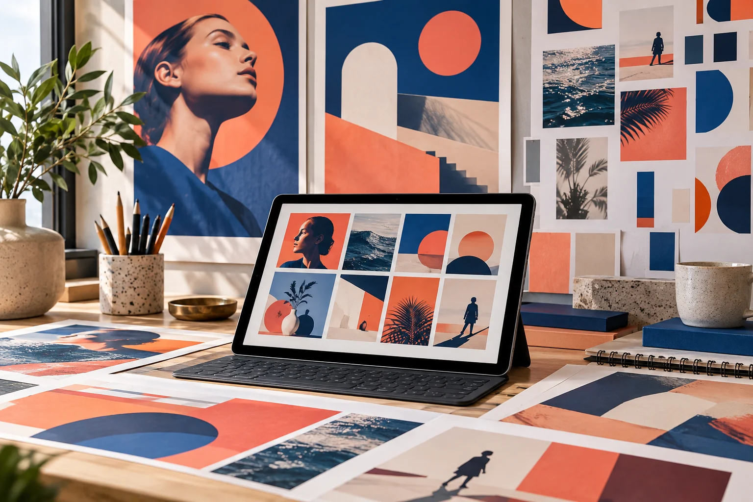 Illustrative art direction workspace with coordinated campaign graphics on screen and in print