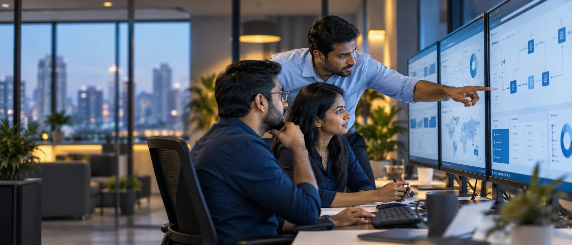 Enterprise technology team reviewing connected operations on large displays