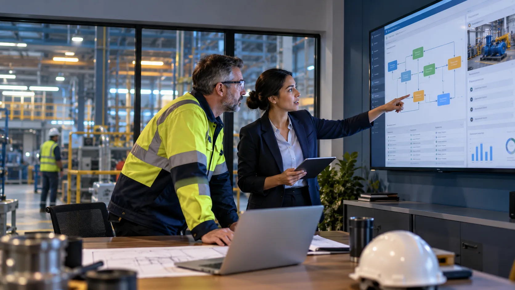 Operations manager and consultant reviewing an industrial work-order workflow