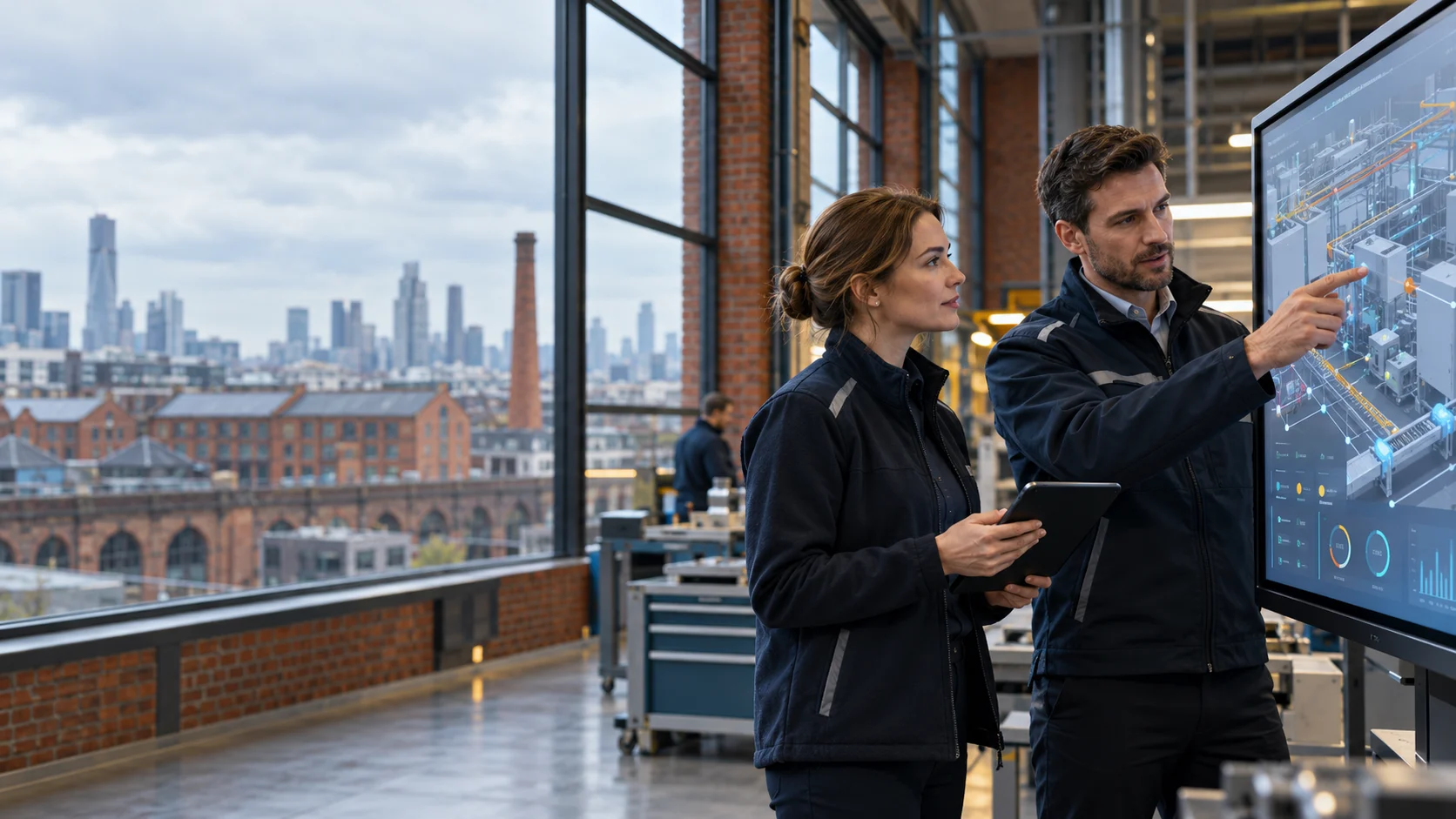 UK operations professionals reviewing connected industrial workflows in a British manufacturing facility