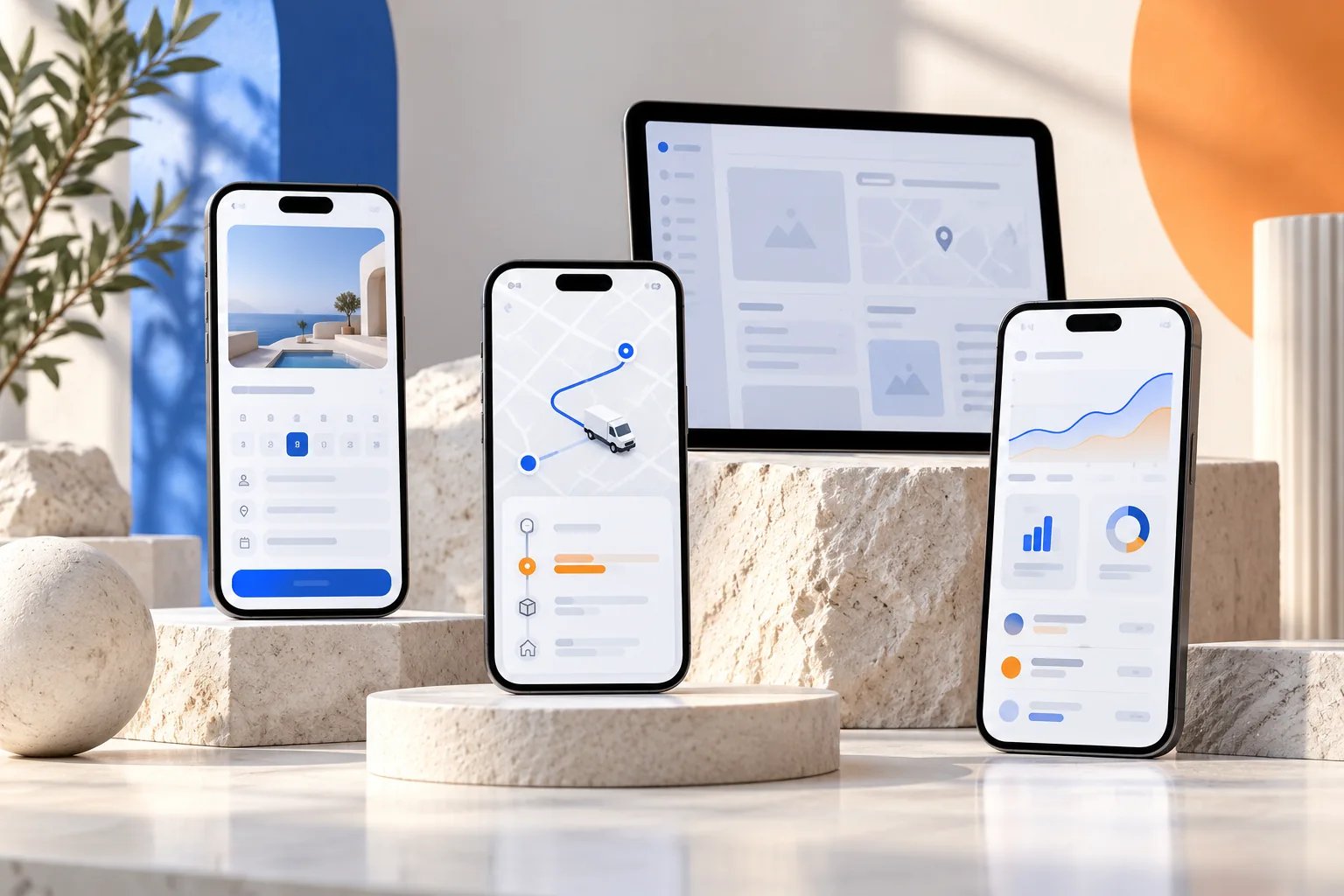Distinct booking, delivery and dashboard mobile app concepts displayed across devices