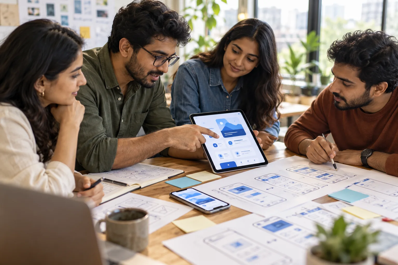 Product team reviewing mobile app screens and user-flow sketches