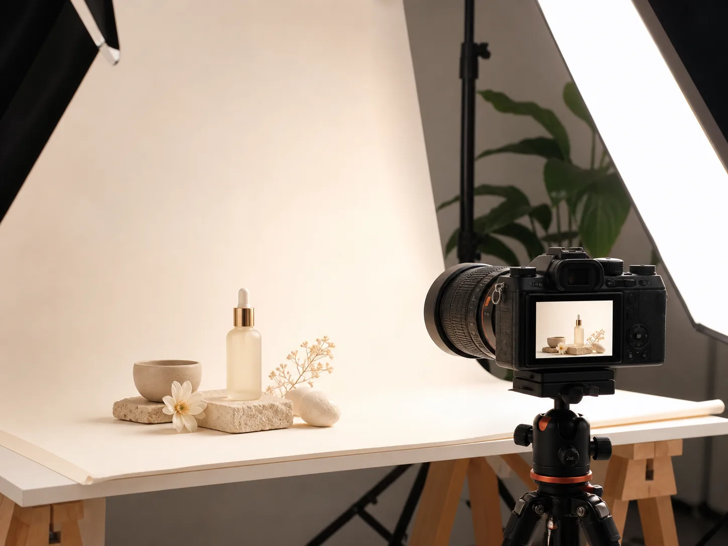 Product photography setup with camera and studio lighting