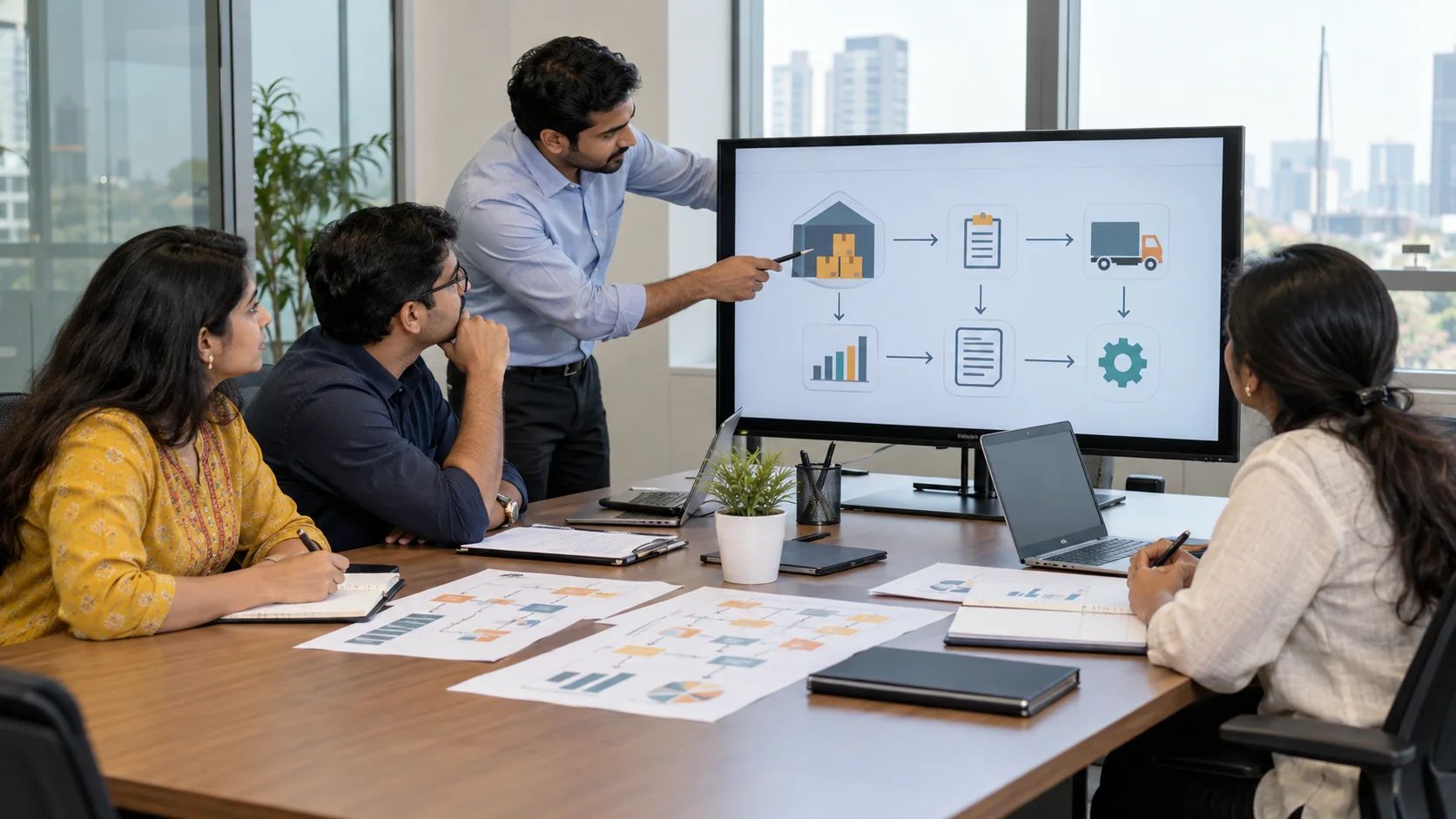 Business team mapping inventory and finance workflows for ERP software