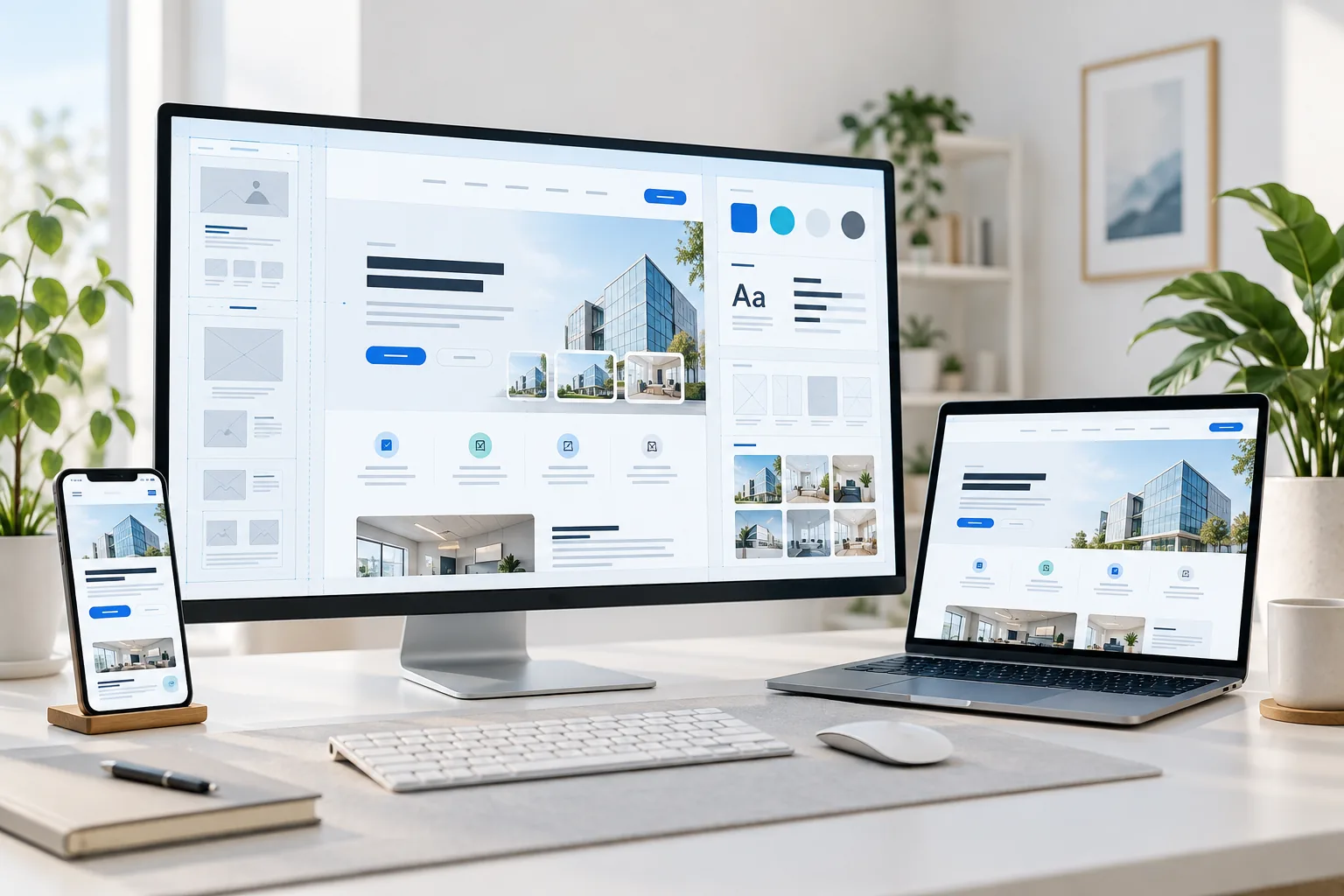 Website designer planning a responsive business website across desktop, laptop and smartphone