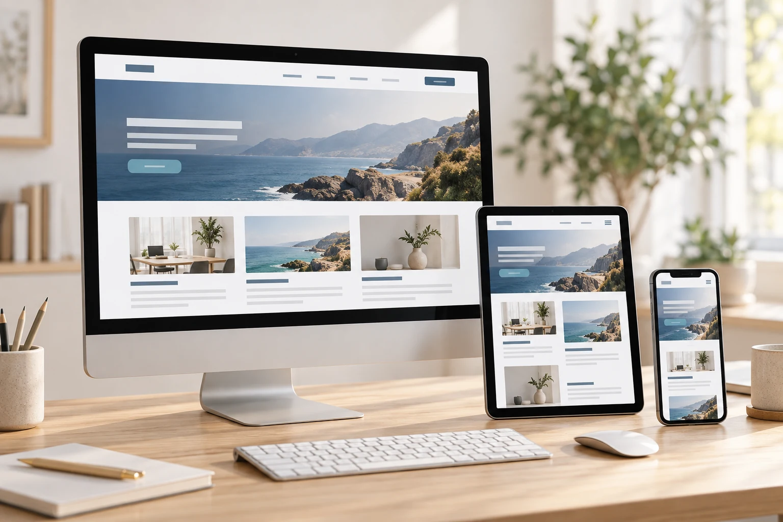 A responsive business website displayed on desktop monitor, tablet and smartphone