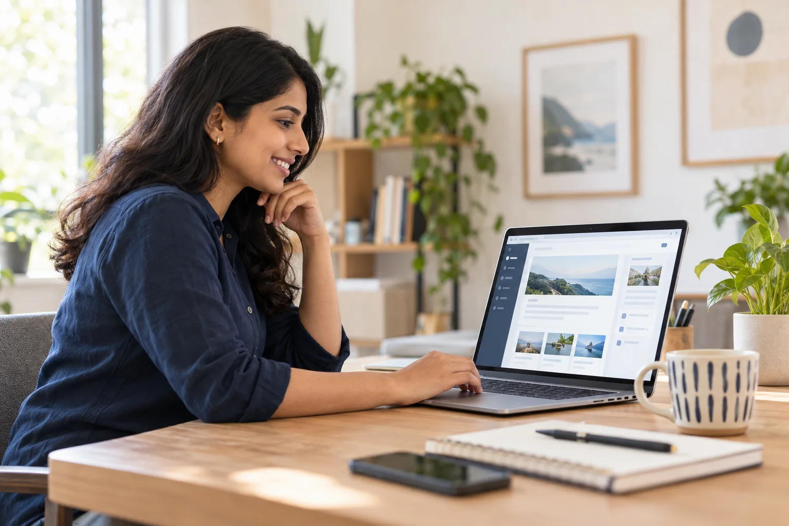 Business owner reviewing a WordPress website design on a laptop