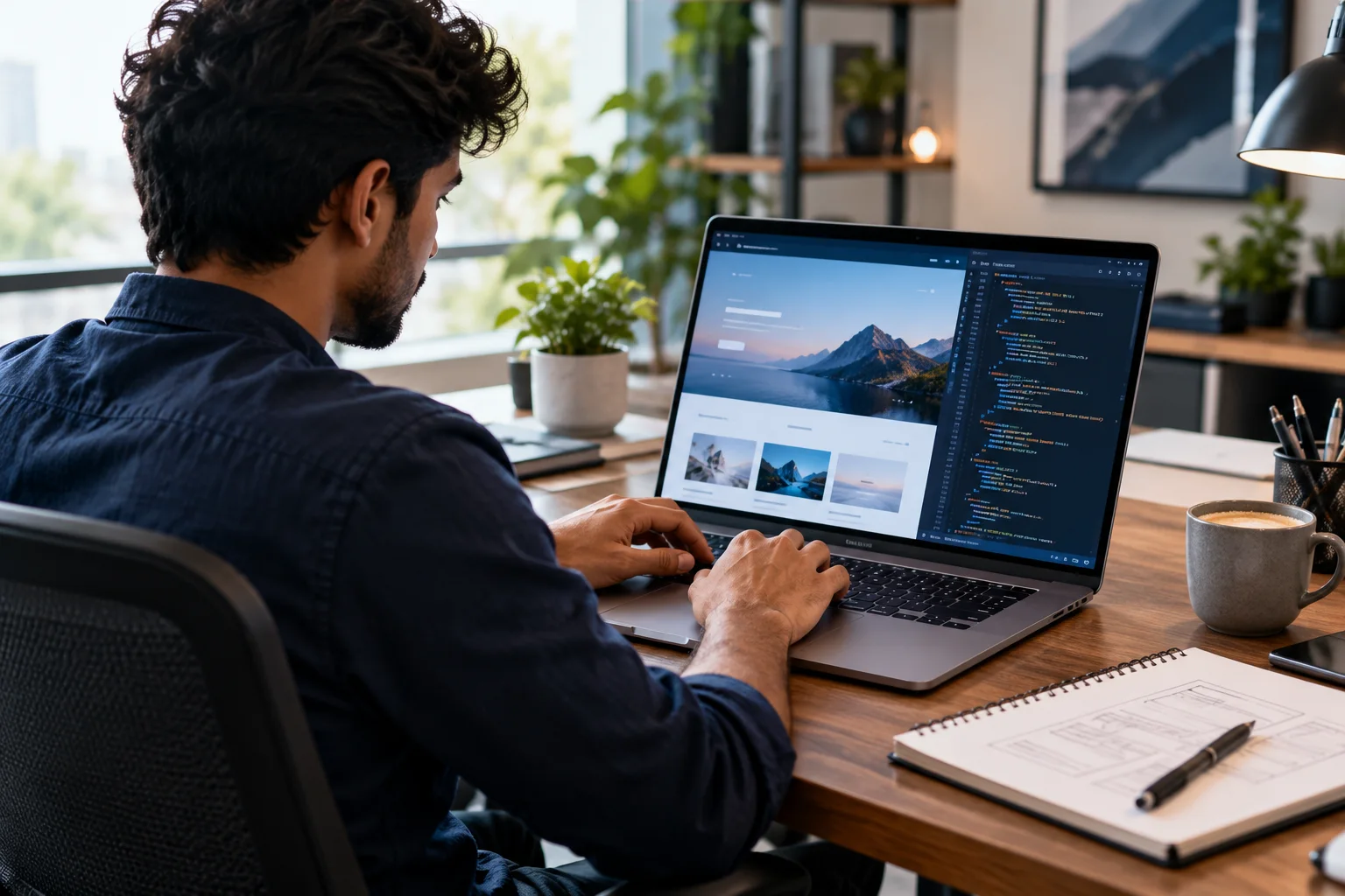 WordPress developer creating a responsive website at a modern studio